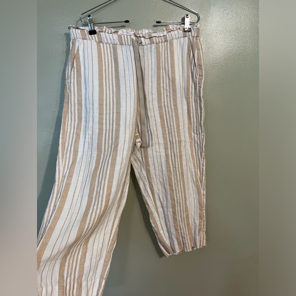 Chicos Womens Beige Striped Wide leg 100% Linen Crop Pull On Pants Sz 1/US 8